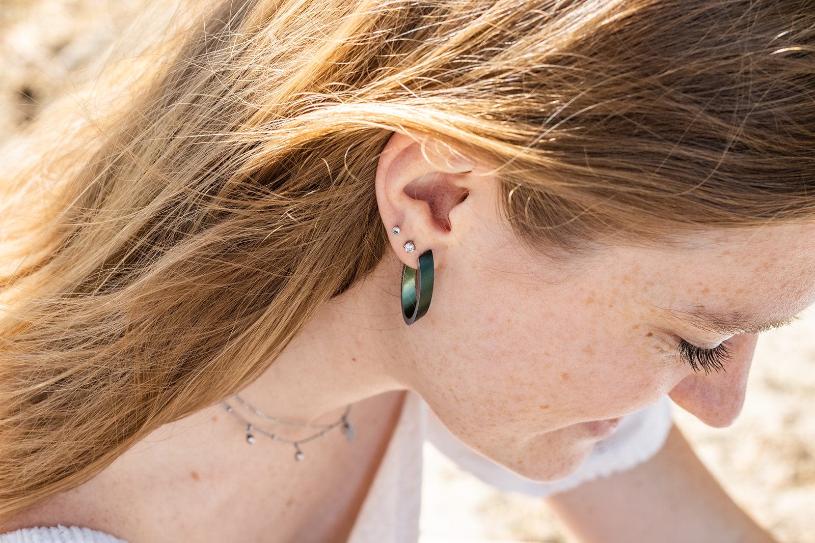OLIVIA green earrings worn | oval hoop earrings with a matte finish | CLIC by Suzanne