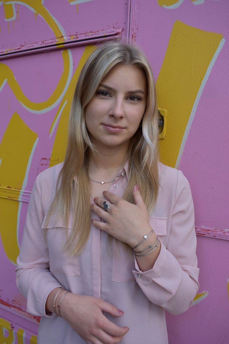 Woman wearing Thinking of You bracelet with silver-tone square charm | CLIC by Suzanne